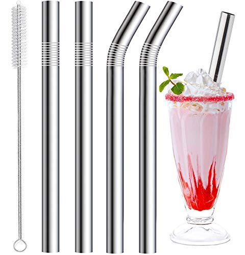4 Pack 0.4" Wide Bore Reusable Stainless Steel Metal Smoothie Straws (4 Count)