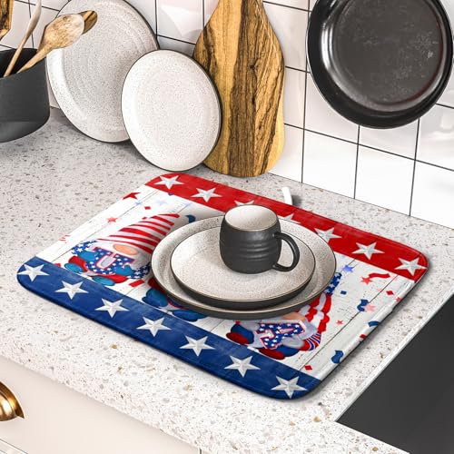 4th of July Gnomes Dish Drying Mat 16x18 inch Patriotic Elf Usa Stars Dish Drainer Mats Independece Day Small Microfiber Dish Drying Pad for Kitchen Countertop Holiday Decor