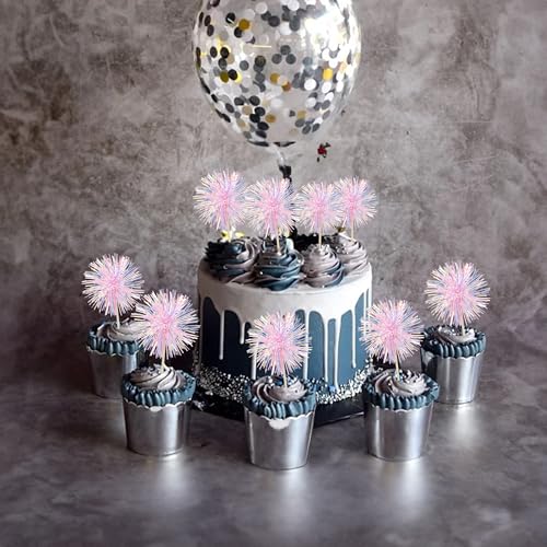 30Pcs Foil Firework Cupcake Toppers Happy Birthday Cake Toppers Tinsel Flower Drink Stirrers Cocktail Food Fruit Toothpicks for Valentine's Day Party Decorations Pink (30 Count)