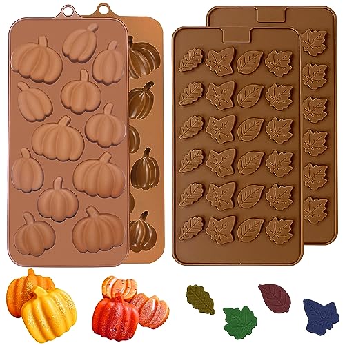 Fall Chocolate Molds 4 Pieces Silicone Pumpkin Candy Mold Maple Leaf Shaped Fondant Molds for Thanksgiving Halloween Autumn Harvest Cupcake Cake Topper Decoration (4 Count)