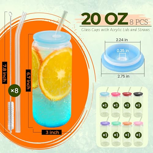 8pcs Glass Cups with Acrylic Lids and Straws 20 oz Drinking Glasses (8 Count)