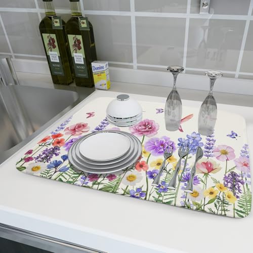 Hummingbird Flower Dish Drying Mat 18x24 inch Watercolor Spring Herb Floral Dish Drainer Mats Wildflower Plant Reversible Microfiber Dish Drying Pad for Kitchen Countertop Large Decor