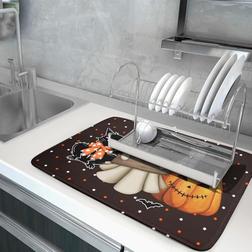 18"x24" Halloween Dish Drying Mat Spooky Pumpkin Ghost Black Cat Bats Kitchen Drainer Mats Holiday Gothic Reversible Microfiber Dish Drying Pad Large Size for Countertop Tabletop Decor
