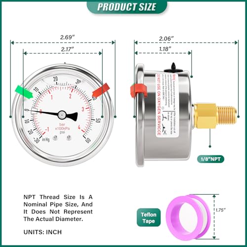 30inHG 60PSI Stainless Steel Liquid Filled Pressure Gauge