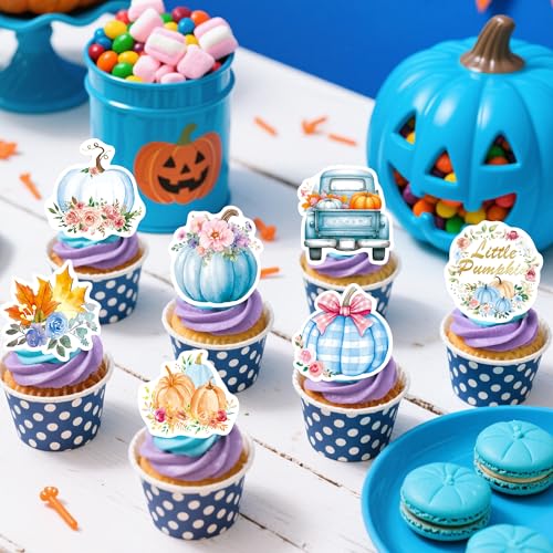 72Pcs Edible Pumpkin Cupcake Toppers Autumn Thanksgiving Theme Party Wafer Paper Flowers Pumpkin Cupcake Toppers Baby Gender Reveal Party Supplies