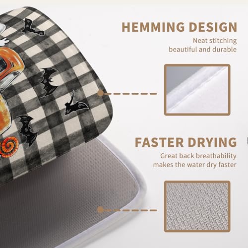 Halloween Buffalo Plaid Dish Drying Mat Fall Pumpkin Rustic Large Kitchen Mats Dish Drying Pad Absorbent Dish Dryer Mat for Kitchen Countertops Microfiber Drainer Pad Dish Drying Mats