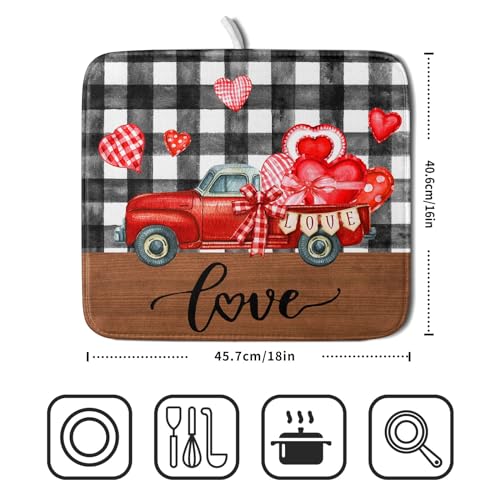 Valentine's Day Red Heart Truck Dish Drying Mat for Kitchen Counter