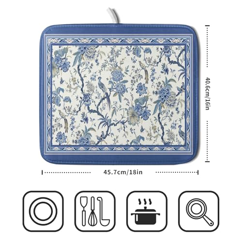 Chinoiserie Dish Drying Mat 16x18in Blue White Oriental Floral Birds Kitchen Drainer Mats Porcelain Flowers Reversible Microfiber Dish Drying Pad Small for Countertop Home Decor