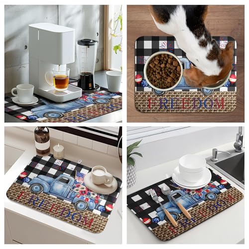 4th of July Buffalo Plaid Dish Drying Mat Patriotic Large Kitchen Mat Dish Drying Pad Absorbent Dish Dryer Mat for Kitchen Countertops Microfiber Drainer Pad Dish Drying Rack Mat