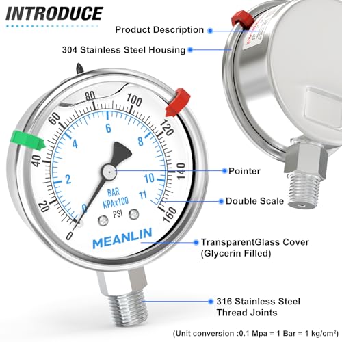 0~160Psi Stainless Steel Liquid Filled Pressure Gauge 2.5"FACE DIAL 1