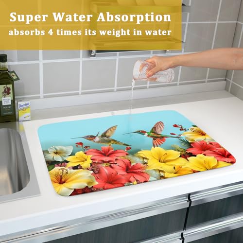 Hummingbirds Floral Dish Drying Mat for Kitchen Counter 18x24 In Hibiscus Tropical Drying Mat Farmhouse Fast Dry Absorbent Microfiber Dish Drainer Rack Pad Mat for Countertop Decor