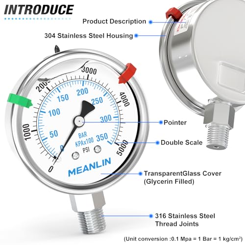 0~5000Psi Liquid Filled Pressure Gauge Stainless Steel 2.5" FACE DIAL 1