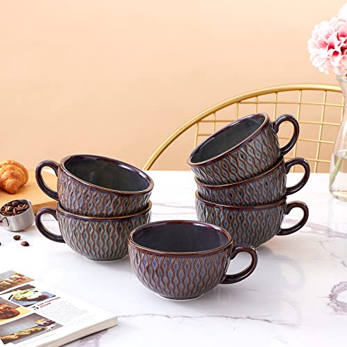 Set of 6 Cups Vintage Design 12 oz Professional Barista Ceramic Latte Art Cappuccino Cups Set (6 Count)