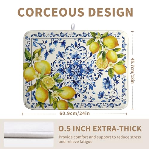 Lemon Dish Drying Mats Spring Summer Dish Mat Blue Chinoiserie Floral Drying Matt Dishes Dryer Pad for Kitchen Counter Absorbent Microfiber Washable Foldable Reusable 18x24 in