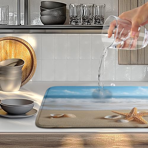 Summer Ocean Beach Blue Dish Drying Mat Sea Shell Starfish Large Kitchen Mat Dish Drying Pad Absorbent Dish Dryer Mat for Kitchen Countertops Microfiber Drainer Pad Dish Drying Rack Mat