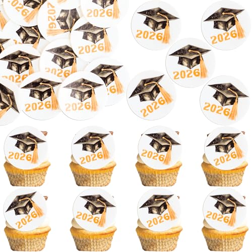 48Pcs Edible 2026 Graduation Cap Cupcake Toppers Wafer Paper Class of 2026 Grad Cap Cupcake Picks for 2026 Graduation Theme Party Cake Decorations Supplies Gold (48 Count)