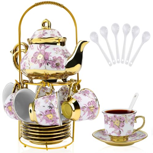 20 Pcs Porcelain Tea Set with Metal Holder (20 Count)