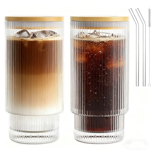 16OZ Ribbed Glass Cups with Lids and Straws