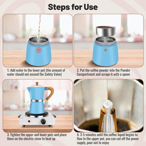 6 Cup Aluminum Moka Pot Classic Stovetop Espresso Coffee Maker 300ml 10oz Coffeemaker Percolator Mocha Pot Greca Coffee Maker Cafe Makers for Italian and Cuban Café Brewing Blue