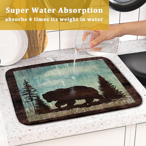 Retro Brown Bear Forest Cabin Dish Drying Mat Countertop 16x18 Fall Blue Sky Cloud Cartoon Wild Animal Bushes Drainer Mat Pine Tree Grass Dishes Pad Rustic Floral Dish Drainer Rack