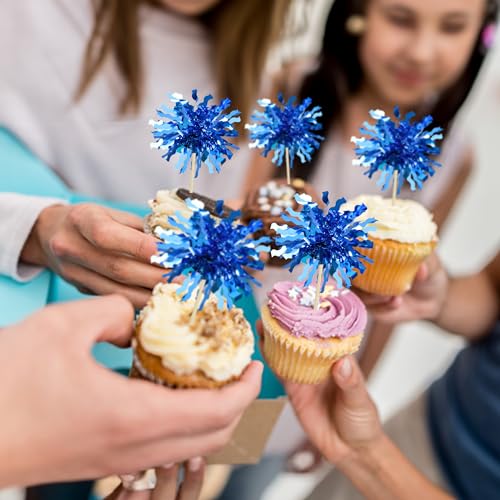 30Pcs Foil Firework Cupcake Toppers Happy Birthday Cake Toppers Sparkle Tinsel Flower Drink Stirrers Cocktail Food Fruit Toothpicks for Valentine's Day Party Supplies Blue (30 Count)