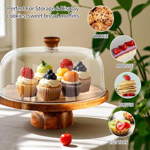Wood-Cake-Stand With Acrylic Dome Lid, Round Wooden Cake Holder Plate With Cover, 2-in- 1 Dessert Table Display Set For Party, Charcuterie Board For Cheese, Chips & Dips, Nachos, Fruit Platter