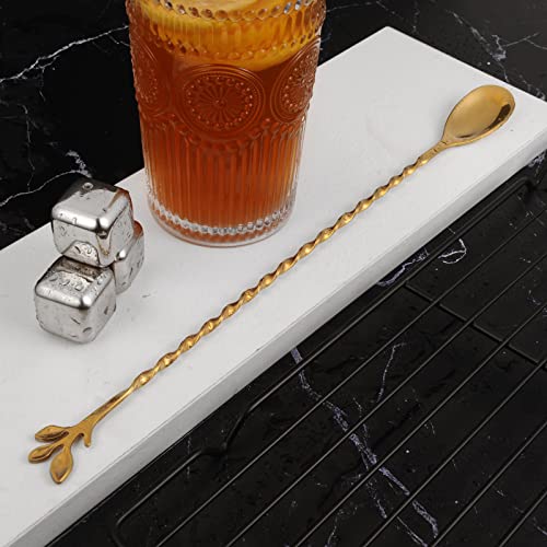 Gold 12 Inch Stainless Steel Cocktail Spoon with Leaf Handle (2 Count)