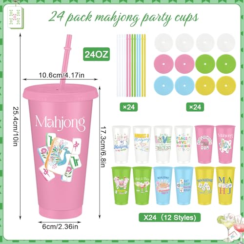 24 Pcs Mahjong Plastic Cups with Lids and Straws 24 oz Funny Mah Jong Tumbler Gifts Reusable Coffee Cups for Mahjong Lover Family Play Day Decorations Accessories Game Night Party Supplies (24 Count)