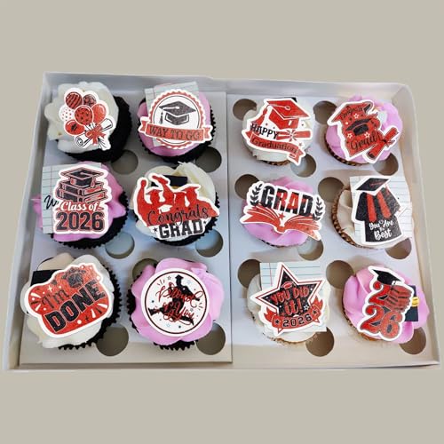 48Pcs Edible Graduation Cap 2026 Cupcake Toppers Wafer Paper Grad Cap Diploma Cake Decoration Picks for 2026 Grad Theme Party Cake Decor Supplies Black Red (48 Count)