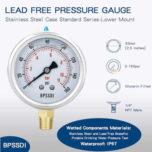 0 160 Psi Glycerin Liquid Filled Low Pressure Gauge