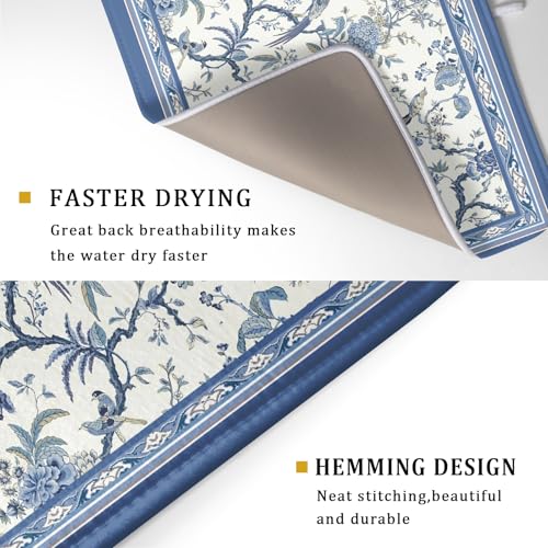 Chinoiserie Dish Drying Mat 18x24in Blue White Oriental Floral Birds Kitchen Drainer Mats Porcelain Flowers Absorbent Microfiber Dish Drying Pad Large for Countertop Home Decor
