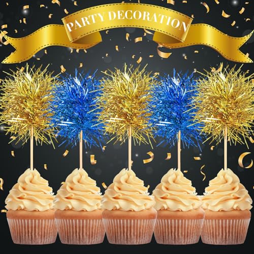 100 Pcs Foil Firework Cupcake Toppers Sparkle Tinsel Cake Toppers Cake Decoration Cocktail Fruit Toothpick for Birthday Wedding Graduation Party