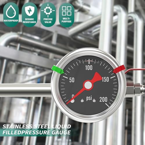 0 200PSI Stainless Steel Glycerin Filled Pressure Gauge 1.5" Black Dial Size