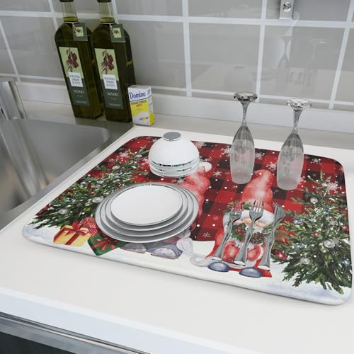 Winter Gnome Dish Drying Mat 18x24 inch Christmas Elf Trees Snowflakes Dish Drainer Mats Large Black Red Buffalo Plaids Fast Drying Dish Drying Pad for Kitchen Countertop Holiday Decor