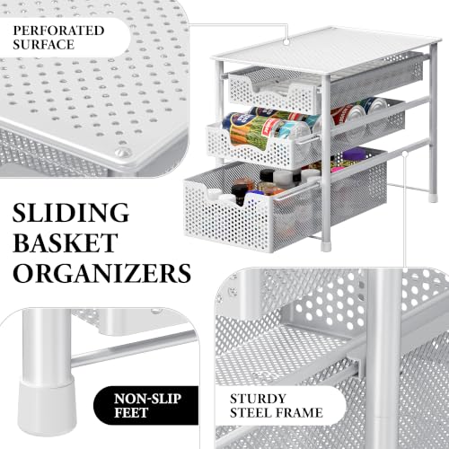 3 Tier White Alloy Steel Sliding Basket Organizer Drawer Cabinet
