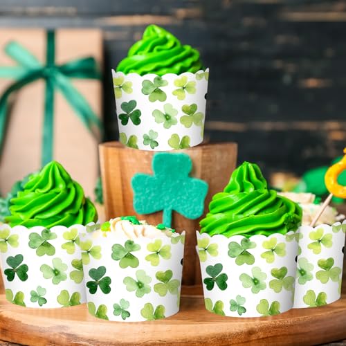 100Pcs St. Patrick's Day Paper Baking Cups Cupcake Wrappers Watercolor Green Shamrock Clover Scalloped Edge Cupcake Muffin Cases for Irish Dessert Decoration