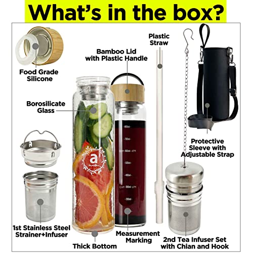 32oz Borosilicate Glass Water Bottle with Bamboo Lid and 2 Tea Infuser Sets for Fruit Infused Water and Cold Brew Coffee