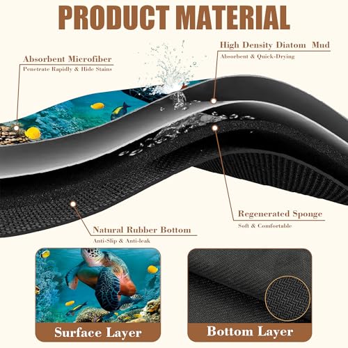 Sea Turtle Coffee Mat Absorbent Dish Drying Mat for Kitchen Counter Hide Stain Rubber Backed Coffee Bar Accessories Fit Under Espresso Machine Dish Rack