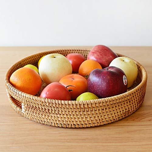 Round Rattan Serving Tray Decorative Woven Ottoman Trays with Handles for Coffee Table Natural