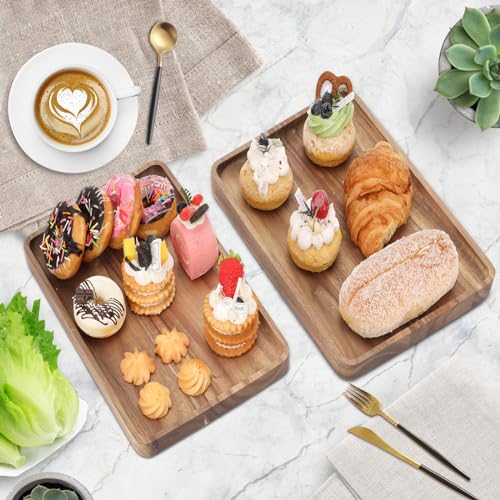 2 PCS Solid Acacia Wood Serving Trays 13 * 9 inch Rectangular Wooden Serving Platters Natural Wooden Boards for Bar Coffee Party（Wood Log Color） (2 Count)