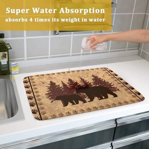 18"x24" Brown Bear Dish Drying Mat Rustic Forest Wildlife Woodland Dish Drainer Mats for Kitchen Countertop Farmhouse Animal Paw Print Fast Dry Microfiber Dish Drying Pad Decoration