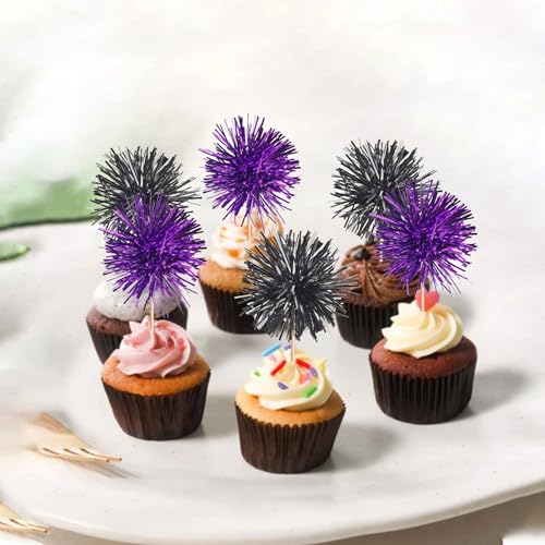 40 PCS Foil Firework Cupcake Toppers Sparkle Tinsel Cupcake Picks Fireworks Birthday Party Decorations Cocktail Fruit Toothpick for Birthday Wedding Graduation Party Decorations Supplies Black Purple (40 Count)