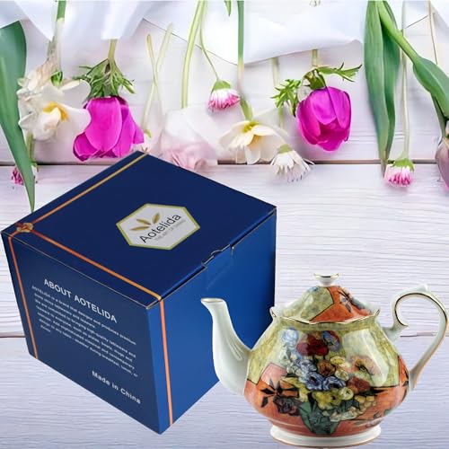 Teapot 30 oz Vangogh Paintings Bone China Loose Tea Pot Floral Design Vintage Ceramic Coffee Water Pot European Style Porcelain (30 Ounce)