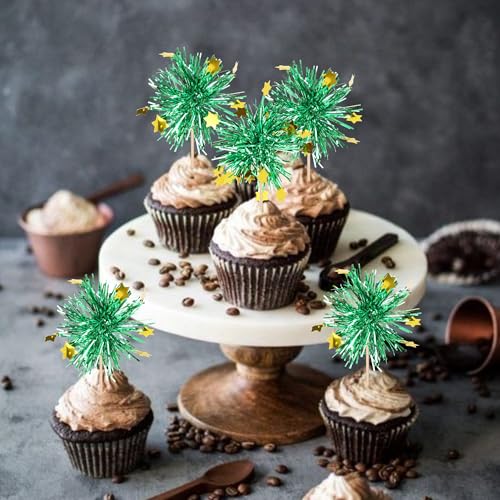 30 PCS Foil Firework Cupcake Toppers Happy Birthday Star Cupcake Picks Sparkle Tinsel Drink Stirrers Cocktail Fruit Toothpicks for Valentine's Day Wedding Birthday Party Decorations Supplies Green (30 Count)