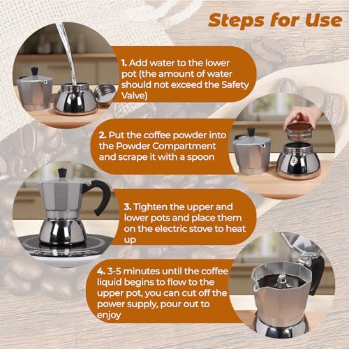 No Coating 6 Cup Aluminum and Stainless Steel Moka Pot Stovetop