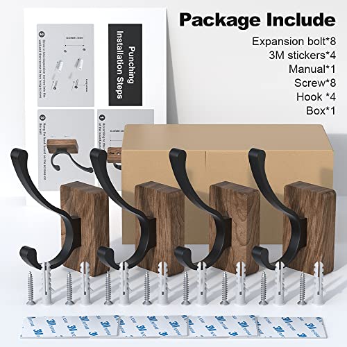 4 PCS Black Walnut Wood Wall Hooks Adhesive Mounted & Wall Mounted Rustic Decorative Entryway Hooks Mid Century Modern Natural Wooden Pegs for Hanging Coat Clothes Hat Bag Purse and Towel (4 Count)