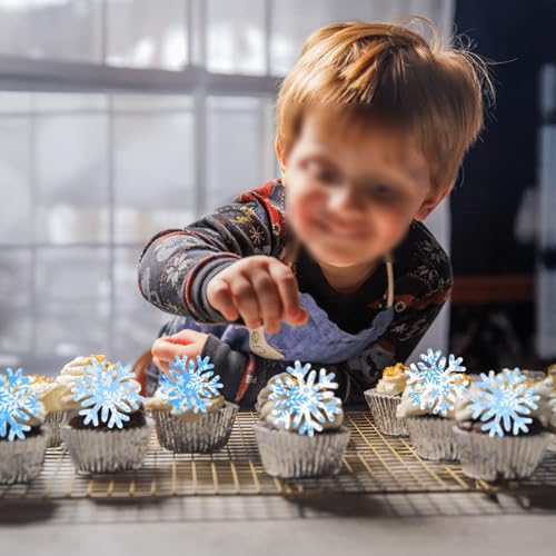 50Pcs Edible Snowflake Cupcake Cake Toppers Wafer Paper Snowflake Cake Decorations for Christmas Winter Frozen Theme Party Supply Decoration Multi Blue (60 Count)