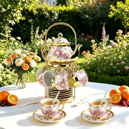20 Pcs Porcelain Tea Set with Metal Holder (20 Count)