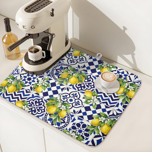 Lemon and Blue Tile Dish Drying Mat 16x18 Inch Absorbent Reversible Mexican Tilt Drying Mat Blue White Italy Lemons Dish Drying Rack Mat Summer Themed Dish Drainer Mat for Kitchen Counter Coffee Bar