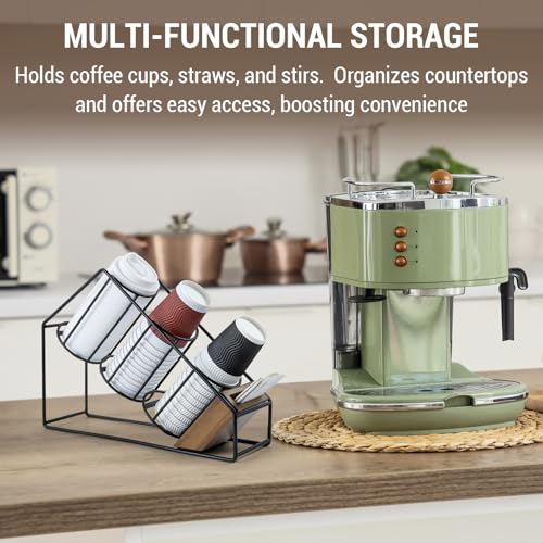 Industrial Matte Black Metal Wire & Acacia Wood Countertop Disposable Coffee Cup Organizer